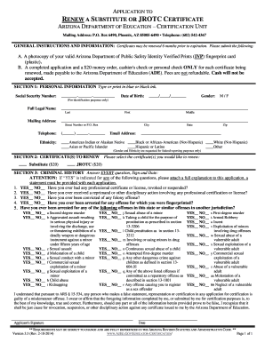 Arizona Substitute or JROTC Certificate Renewal Application