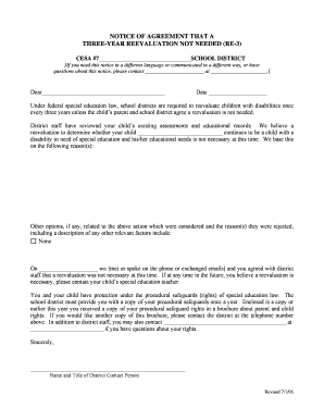 Notice of Agreement That a Three-Year Reevaluation Not Needed