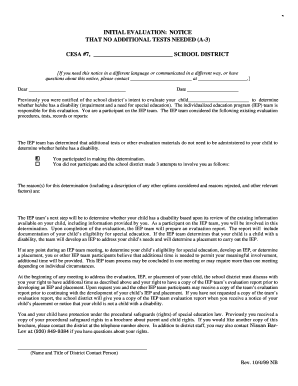 Notice of No Additional Tests Needed for Special Education Evaluation