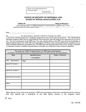 Notice of Receipt of Referral and Start of Initial Evaluation