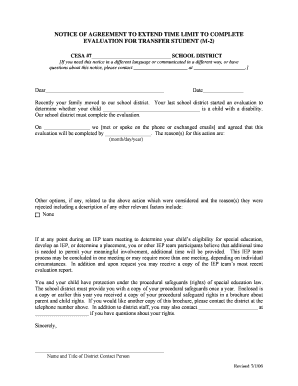 Notice of Agreement to Extend Time Limit to Complete Evaluation for Transfer Student
