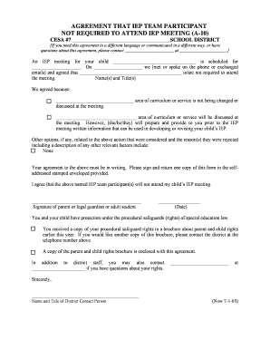 AGREEMENT THAT IEP TEAM PARTICIPANT NOT REQUIRED TO ATTEND