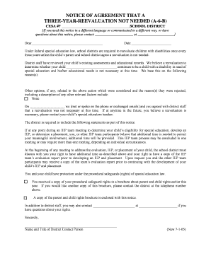 Notice of Agreement for Three-Year Reevaluation Not Needed