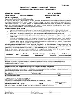 Formulario de Autorización de Medicamentos del Distrito Escolar Independiente de Crowley
