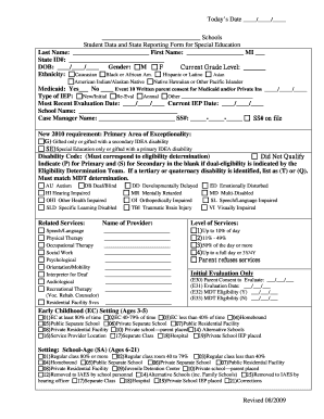 Student Data and State Reporting Form for Special Education