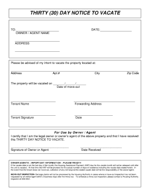 Thirty Day Notice to Vacate