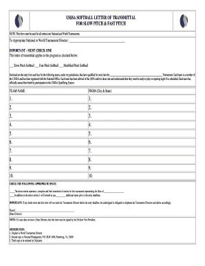 USSSA Softball Letter of Transmittal