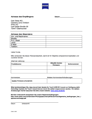 Carl Zeiss Kameraobjektiv Reparaturformular