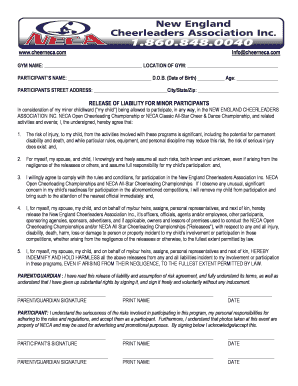 Release of Liability for Minor Cheerleading Participants