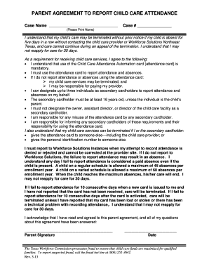 Parent Agreement to Report Child Care Attendance
