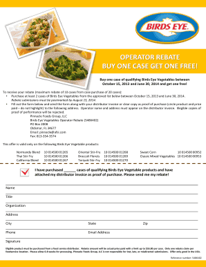 Birds Eye Vegetables Operator Rebate Form