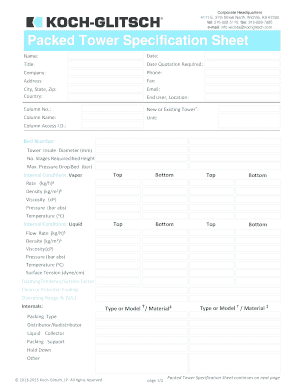Packed Tower Specification Sheet