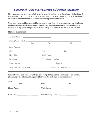 West Branch Valley FCU Electronic Bill Payment Application