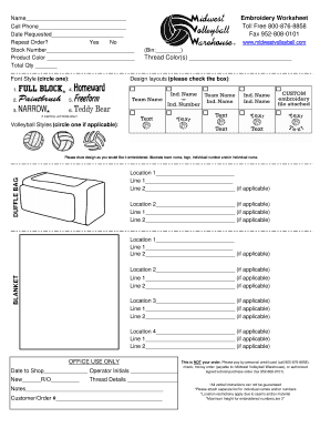 Embroidery Worksheet for Volleyball Gear