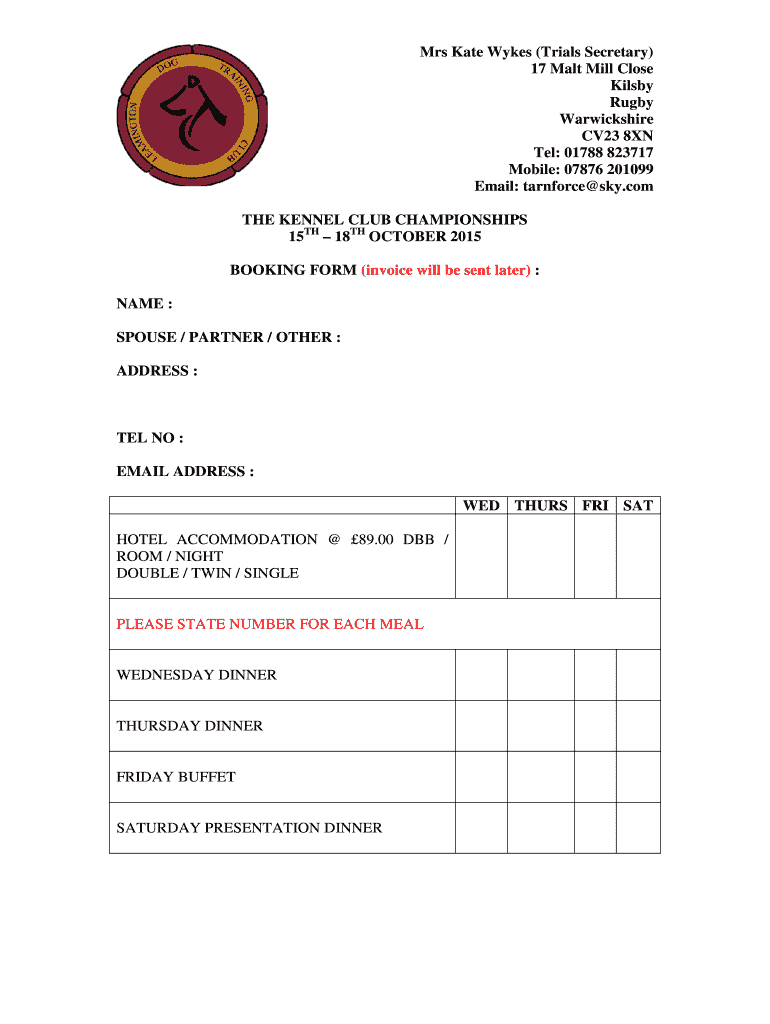 Fillable Online Mrs Kate Wykes Trials Secretary 17 Malt Mill Close Kilsby Fax Email Print