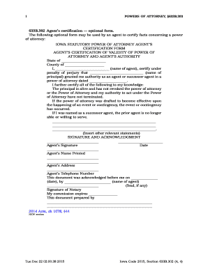 Iowa Statutory Power of Attorney Agent Certification Form