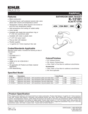 Fairfax Bathroom Sink Faucet Specification