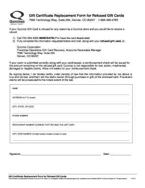 Gift Certificate Replacement Form for Refused Gift Cards