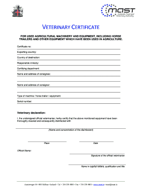 Veterinary Certificate for Used Agricultural Machinery