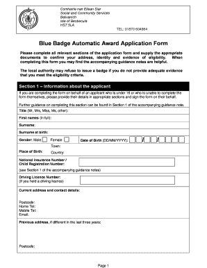 UK Blue Badge Automatic Award Application Form