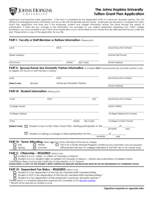 Johns Hopkins University Tuition Grant Plan Application