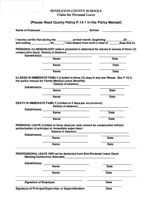 Pendleton County Schools Personal Leave Claim Form
