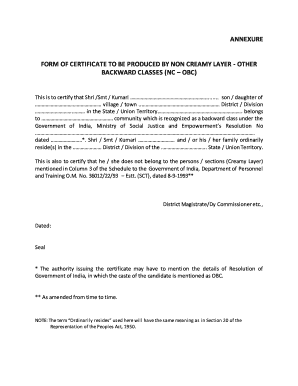 Non Creamy Layer OBC Certificate