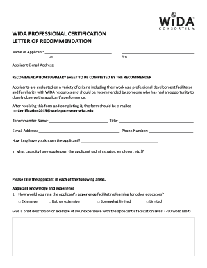WIDA Professional Certification Letter of Recommendation