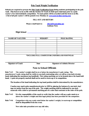 Pole Vault Weight Verification Form