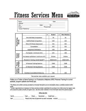 Fitness Services Menu