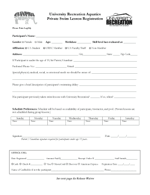 Private Swim Lesson Registration Form
