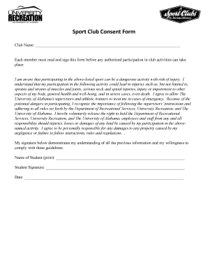 University of Alabama Sport Club Consent Form