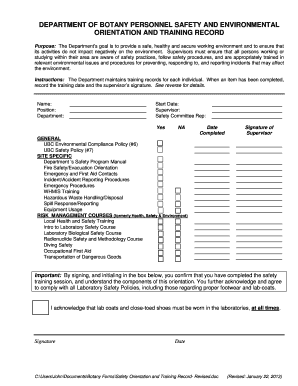 DEPARTMENT OF BOTANY PERSONNEL SAFETY AND ENVIRONMENTAL ORIENTATION AND TRAINING RECORD