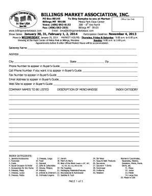 PO Box 80145 To Ship Samples to you at Market: Office Use Only Billings MT 59108 Metra Park Expo Center Voice: (406) 6526132 308 6th Ave North Fax: (406) 6522531 Billings MT 59101 www