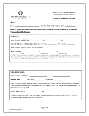 College Immunization Titer Results Form