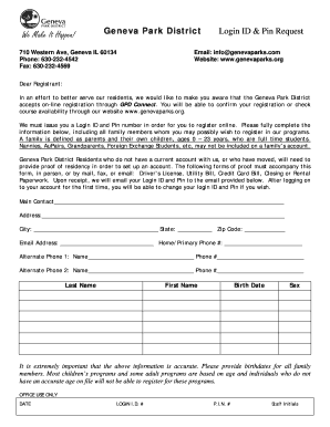 Geneva Park District Login ID & Pin Request