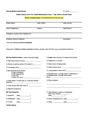 Patient History Form for Health Maintenance Exam