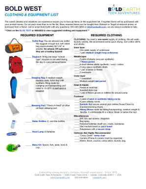 Bold Earth Clothing and Equipment List