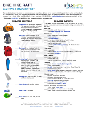 Bold Earth Teen Adventures Packing List