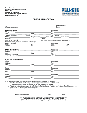 Reliable Architectural Products Credit Application
