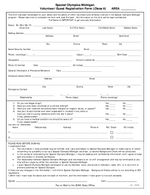 Special Olympics Michigan Volunteer Registration Form