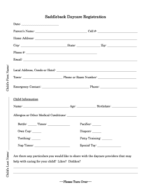 Saddleback Daycare Registration Form