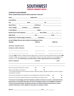 Candidate Questionnaire for College Athletics
