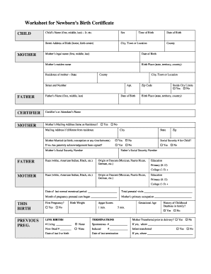 Worksheet for Newborn’s Birth Certificate