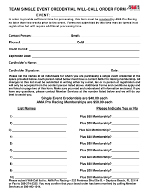 Team Single Event Credential Will-Call Order Form