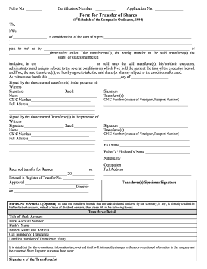 Form for Transfer of Shares