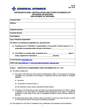 Department of Defense Representations and Certifications Form