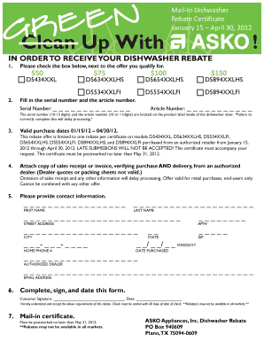 Dishwasher Rebate Certificate
