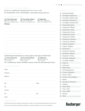 Recharger Magazine Classified Advertising Form