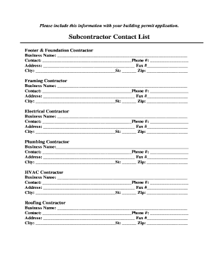 Building Permit Subcontractor Contact List
